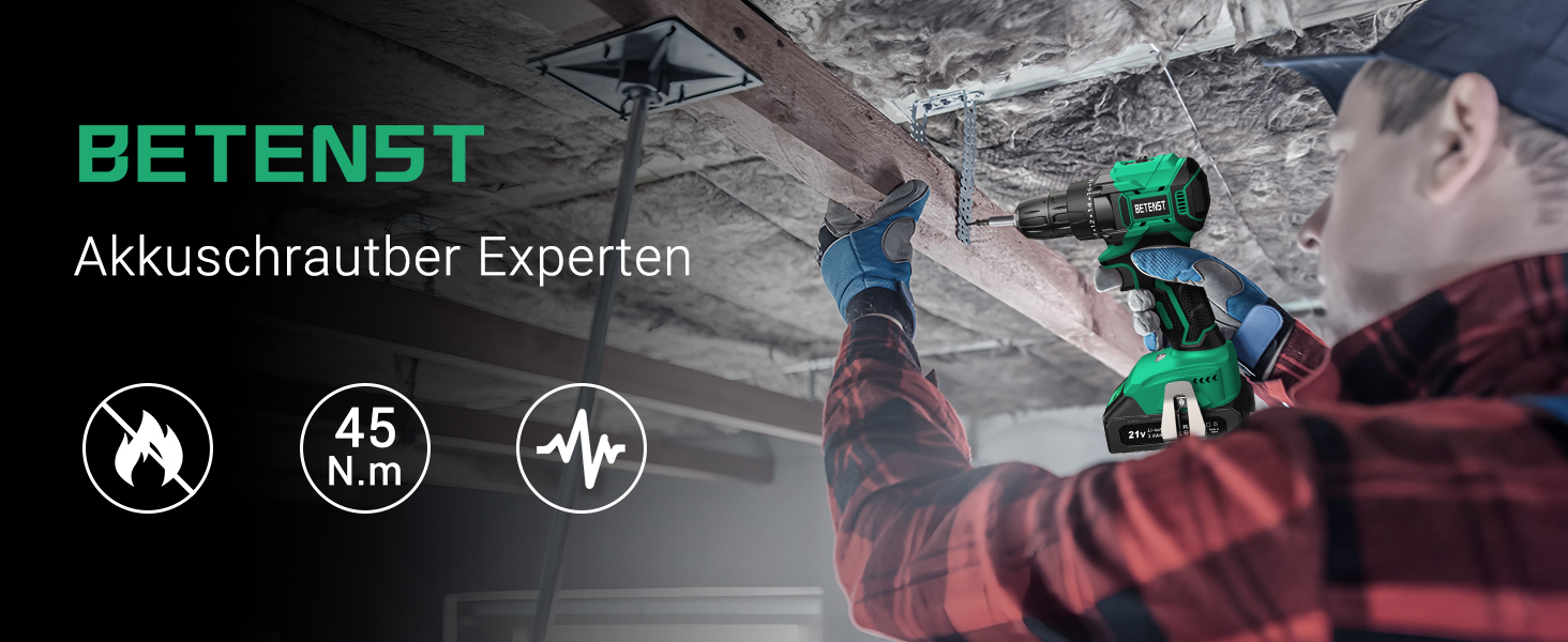 Акумуляторний шуруповерт безщітковий 21V BETENST з акумулятором 2.0Ah, 45Nm, 20 моментів, патрон 10mm, 2 швидкості, 20-ти елементний набір для дому, саду та DIY проектів (зелений)