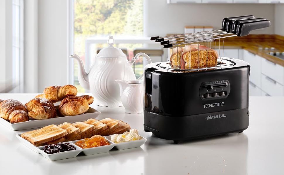 Тостер Ariete 159 Toastime: 2 відділення, пружинний захват, розморожування, підігрів, 700 Вт, нержавіюча сталь, чорний