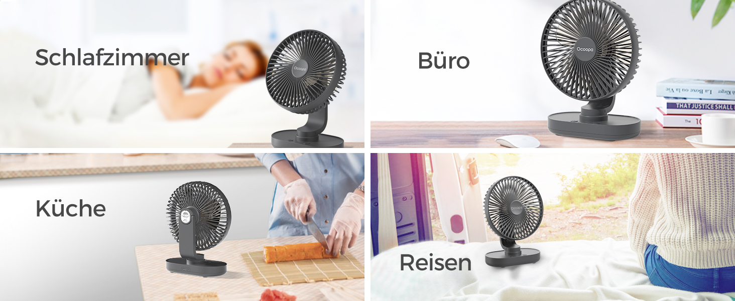 Вентилятор OCOOPA Rotateair: портативний, акумуляторний, 16.5 см, 4 швидкості, тихий (30dB), для дому, офісу, кемпінгу, чорний