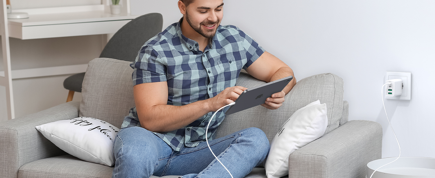 65W USB-C зарядний пристрій 3-портовий з кабелем 2м: для MacBook, iPhone, Switch, Galaxy, Tablet, Laptop