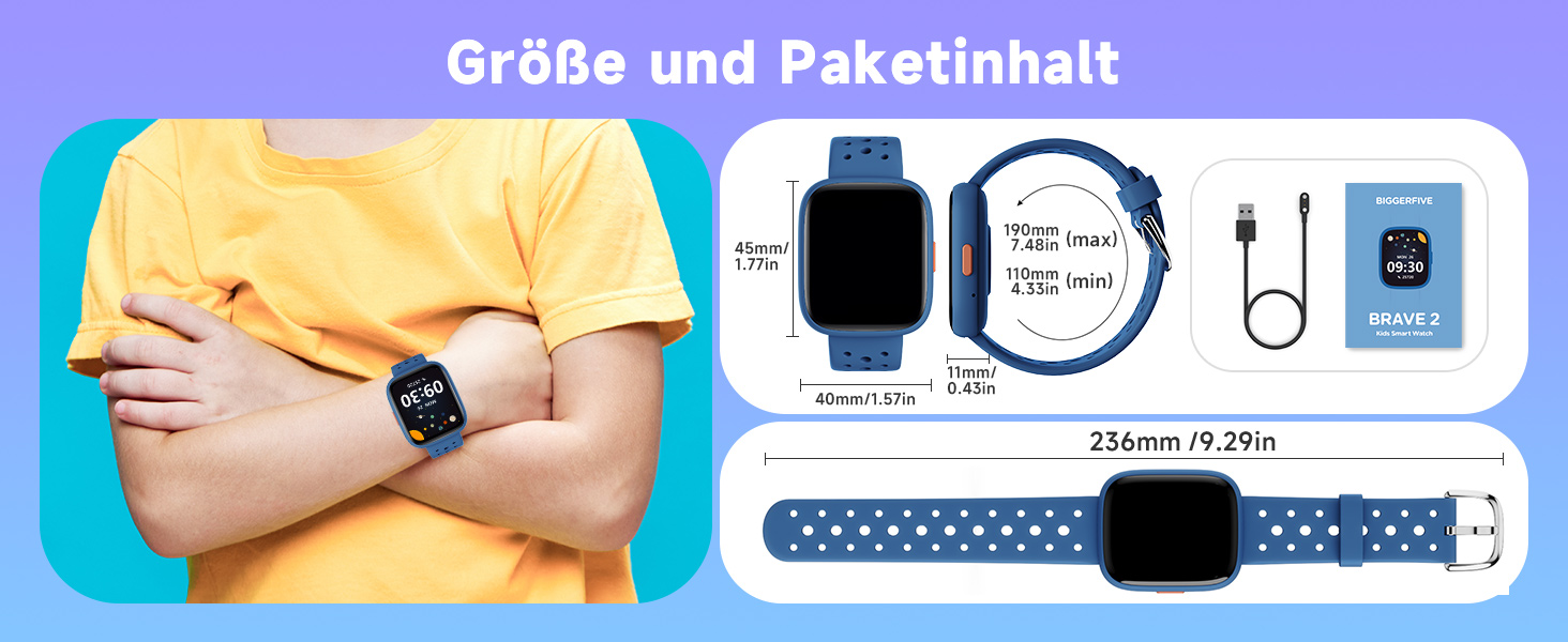 Смарт-годинник BIGGERFIVE для дітей, 1.8' - фітнес-трекер, пульсометр, монітор сну, водонепроникний (IP68), ігри, для дівчаток та хлопчиків 5-16 років, блакитний