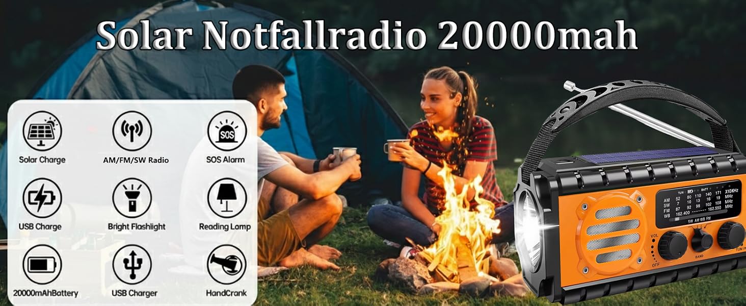 Радіо на сонячних батареях та ручному приводі 20000mAh з USB зарядкою, ліхтариком та SOS сигналом (помаранчеве)