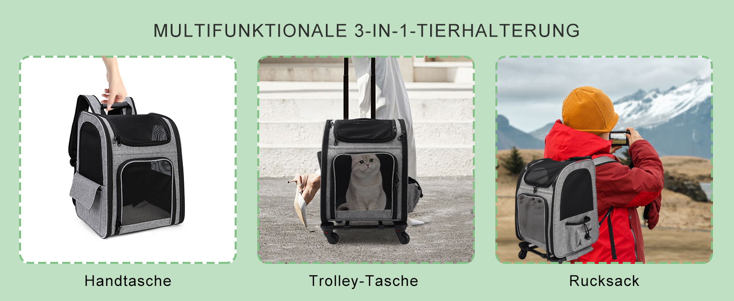 Транспортна переноска для котів та собак на колесах, 360° обертання, з кишенями, вантажний візок-рюкзак, портативна та дихаюча, для маленьких собак та середніх котів до 15 кг