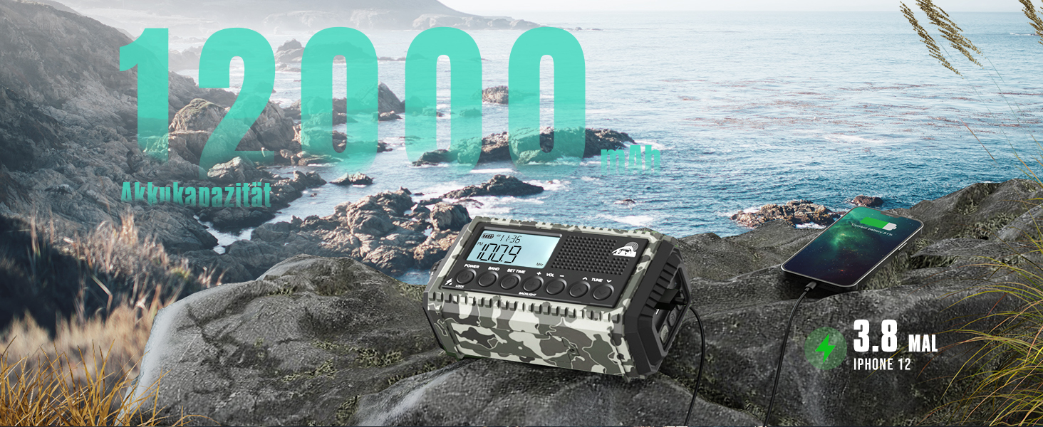 Радіо на механічній ручці з сонячною панеллю та Powerbank 12000mAh | AM/FM/SW радіо для надзвичайних ситуацій, зарядка USB-C, SOS-сигнал, ліхтарик та лампа для читання | Водонепроникне, портативне для кемпінгу, туризму (Сірий камуфляж)