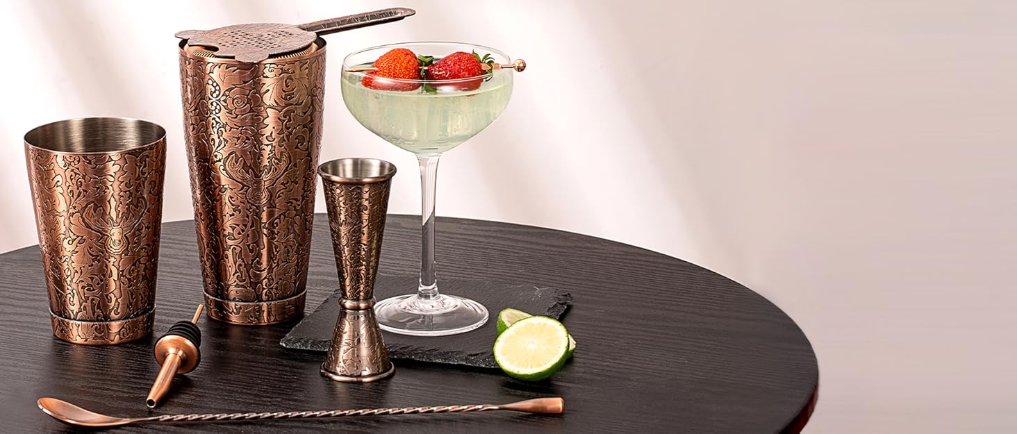 Набір для коктейлів SKY FISH | 32 частини | Преміум набір бармена для дому та бару | Набір для змішування коктейлів професійний | Рожеве золото | Ручне миття. Мідь, рожеве золото