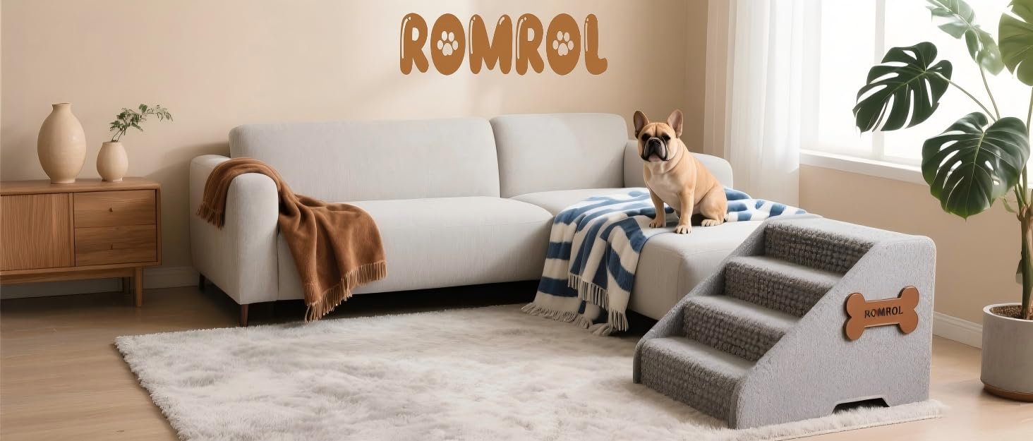 Сходинки для собак та котів ROMROL – 4 сходинки, сірий колір, з м'яким Memory Foam, для захисту суглобів, знімний та миючий чохол