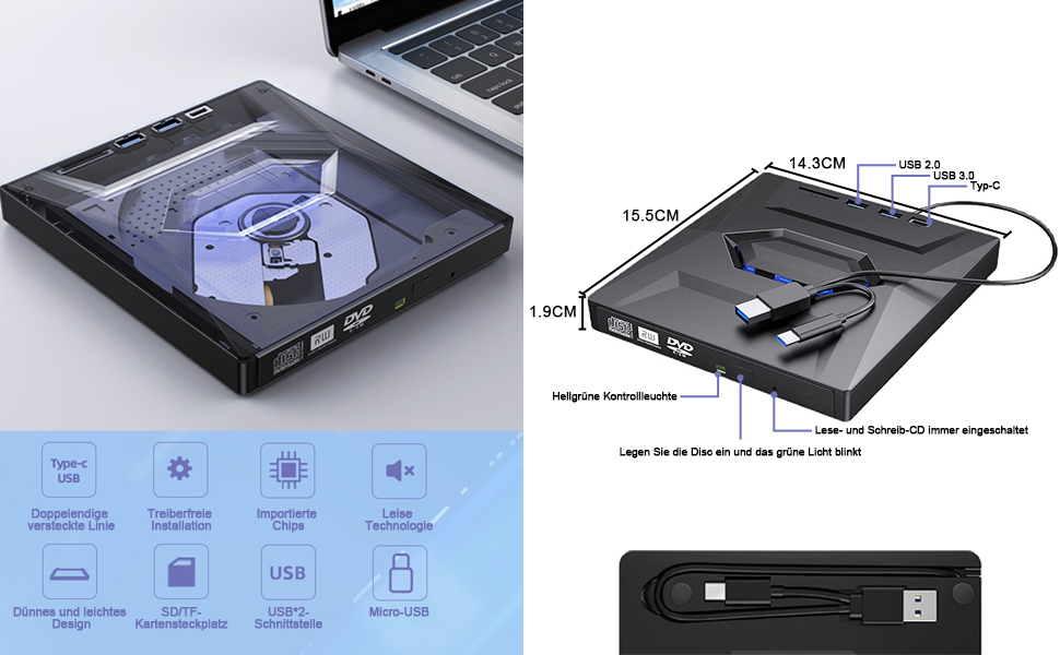 Зовнішній CD/DVD привід для ноутбука та ПК USB 3.0 & Type-C, DVD-RW записувач з картридером SD/TF та USB-хабом для Windows, Linux, Vista