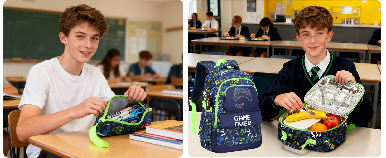 Набір шкільних рюкзаків Makukke для підлітків, геймерський дизайн, з ланч-боксом та пеналом