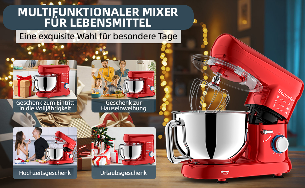 Кухонна машина для замішування тіста 2000W з чашею 6.5л з нержавіючої сталі, 6 швидкостей, з міксером, гаком для тіста, вінчиком та захистом від бризок (червона)