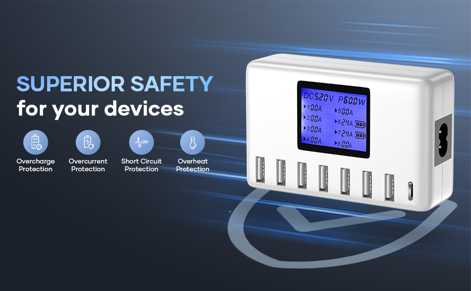 Зарядний пристрій USB 60W, 8 портів, USB-C з LCD дисплеєм для iPhone, iPad, Android, Samsung, Huawei, планшетів, Kindle (білий)