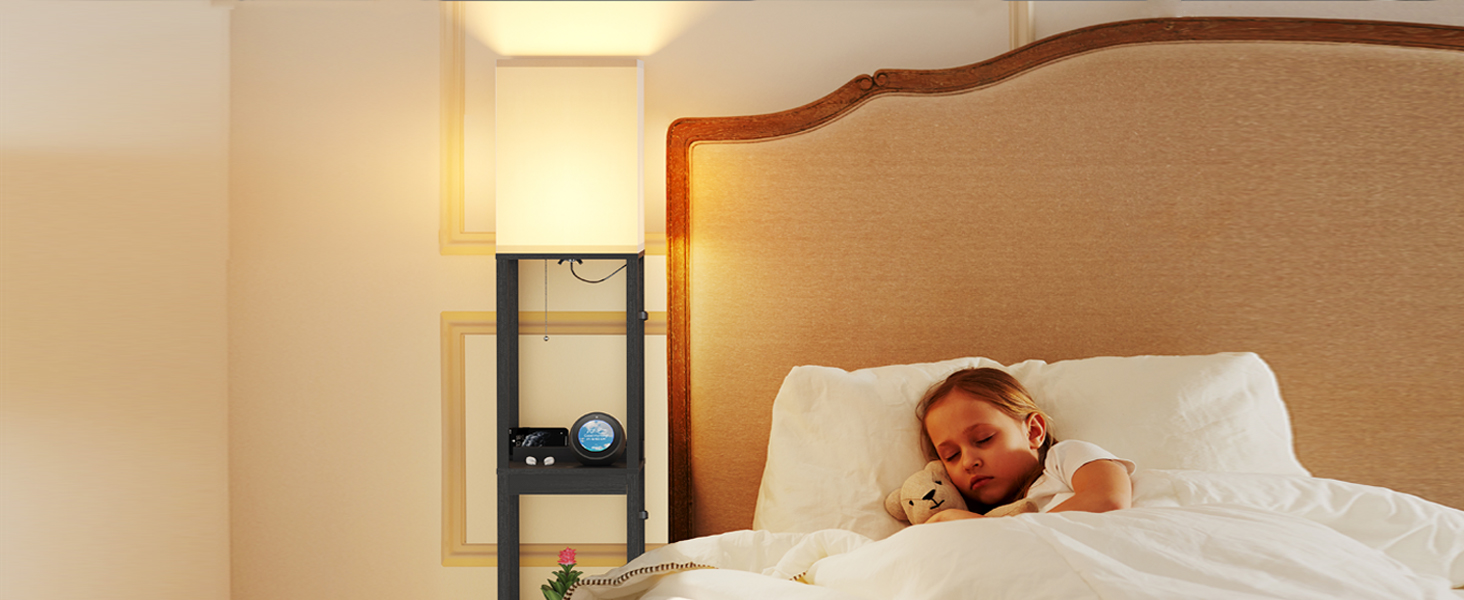 Підлогова лампа SUNMORY з полицею з масиву дерева, 3 режими кольору, 2 USB-порти та ящик, для вітальні, спальні, чорна (з лампочкою)