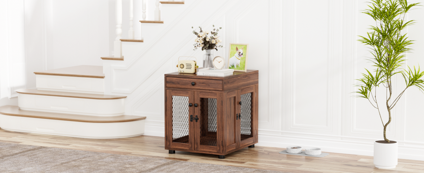 Клітка для собак VOWNER з дерева, 3 двері, з ящиком, 51x60x62 см, для собак до 20 кг, горіховий колір