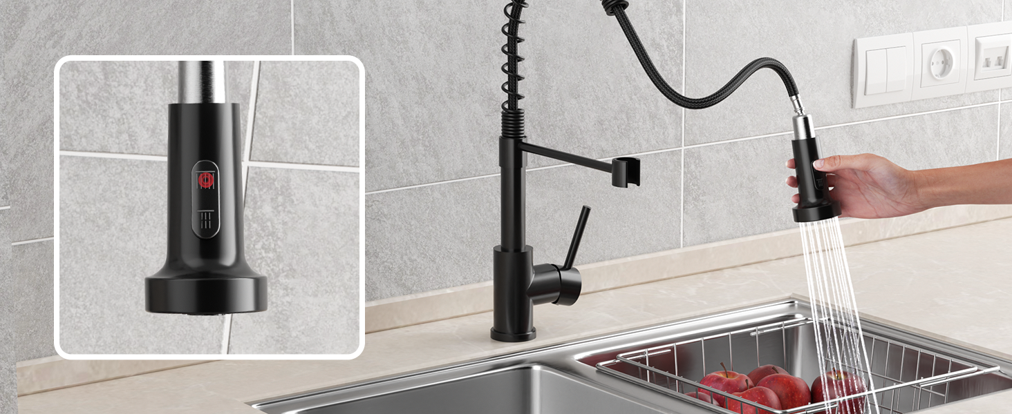 Кухонний змішувач Rainsworth з нержавіючої сталі, чорний, з висувною лійкою та двома струменями, 360° обертання, 45 см