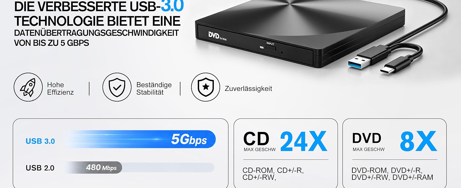 Зовнішній USB 3.0 та USB-C CD/DVD привід varkda для ноутбука та ПК, портативний DVD-плеєр та записник (RW/ROM), сумісний з Windows, macOS, Linux, чорний