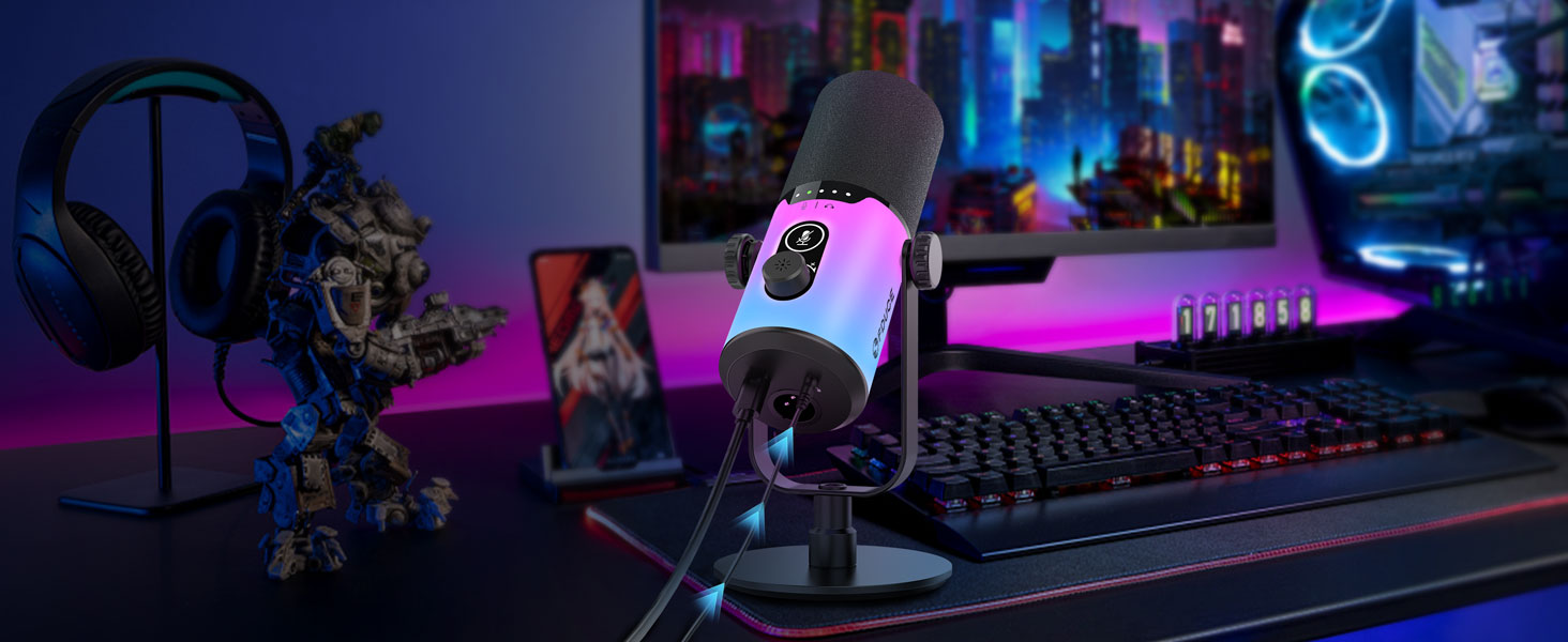 Ігровий мікрофон FDUCE з USB/XLR підключенням, RGB-підсвічуванням та регулятором посилення для стрімінгу, запису подкастів та співу