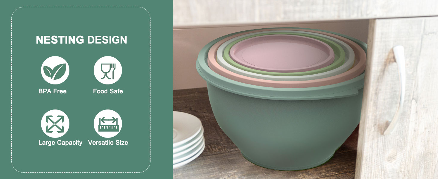 Набір салатниць з кришкою, набір мисок для перемішування з пластику, складні миски для кухні, великий набір мисок, сервіровочні миски ідеальні для змішування та подачі, BPA-free, світло-сірий