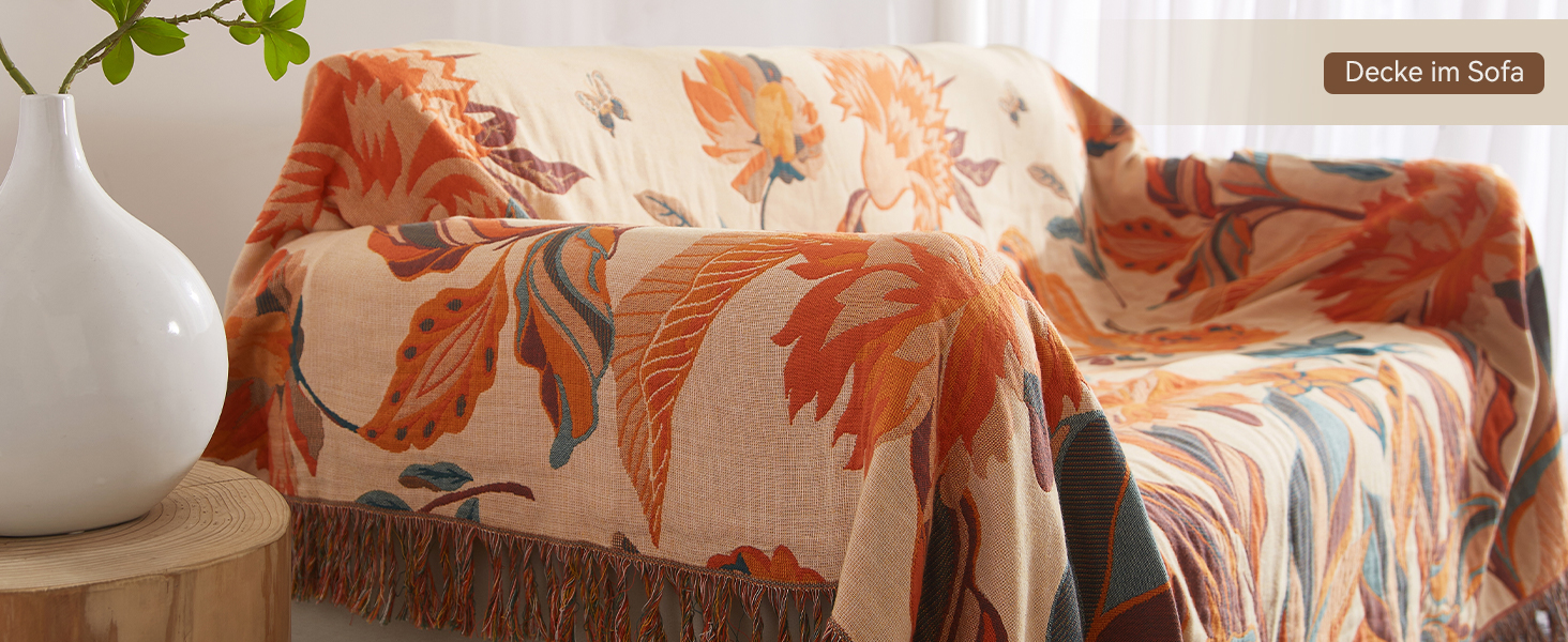 Богемна ковдра Softexly Boho Decke 100% бавовна – двостороння муслінова ковдра 150x200 см, м'яка софа та покривало для ліжка, естетичний дизайн, ідеально підходить для вітальні та спальні, помаранчевий/зелений, Blütentraum