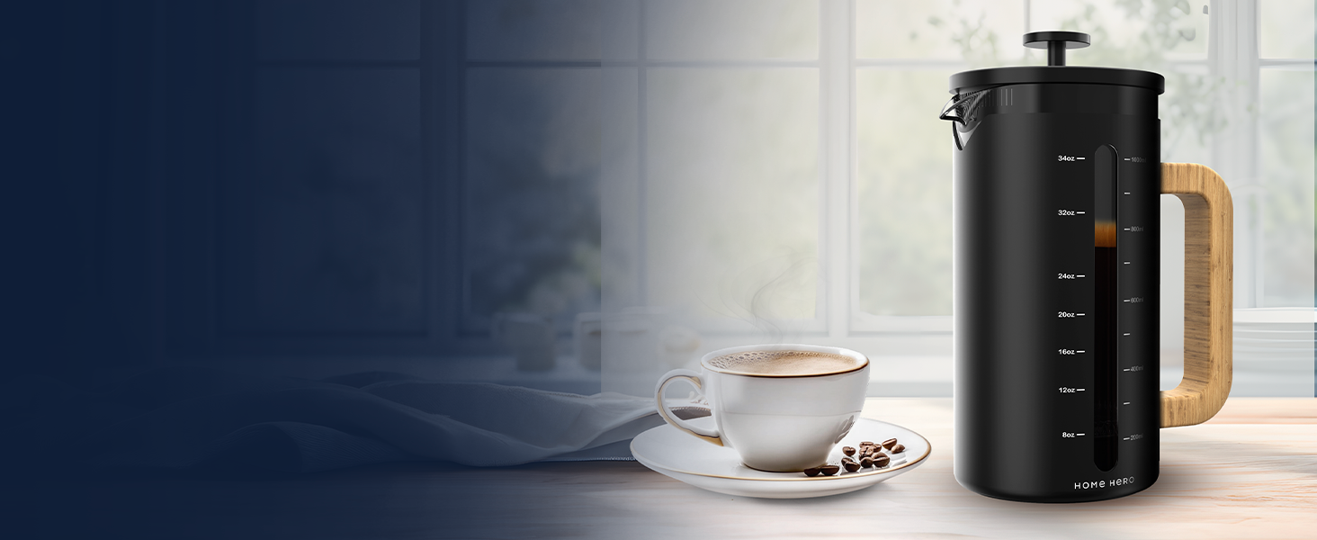Френч-прес для кави Home Hero – 963.9 г, з бамбуковим руків'ям, скло Borosilikat, нержавіюча сталь, 4-шаровий фільтр, чорний