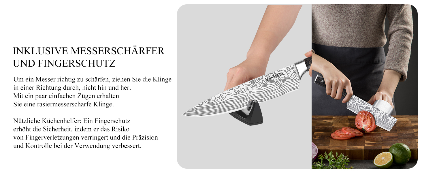 Набір кухонних ножів MOSFiATA 5 предметів: Ніж шеф-кухаря, ніж Накірі, ніж для овочів, ніж для хліба, точилка для ножів та подарункова коробка (Нержавіюча сталь)