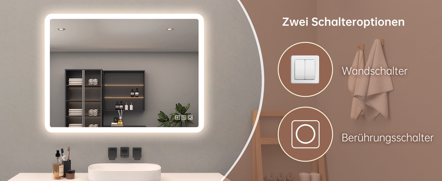 MIQU LED дзеркало для ванної кімнати з підсвічуванням 60x50 см, велике дзеркало для ванної кімнати з сенсорним регулюванням, тепле/біле світло, антизапар, настінне дзеркало для ванної кімнати, туалету, коридору, прямокутне з округлими кутами (3 кольори світла + Bluetooth + розетка, 60L x 80B см)