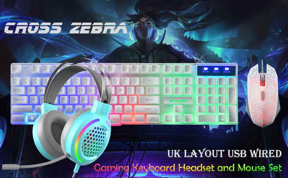 Ігровий набір клавіатури, навушників та миші: клавіатура 104 клавіші з підсвічуванням Rainbow, миша 2400DPI, навушники 7.1 Surround Sound RGB, легка конструкція, комбо для PS4/Xbox (потрібен адаптер), білий колір