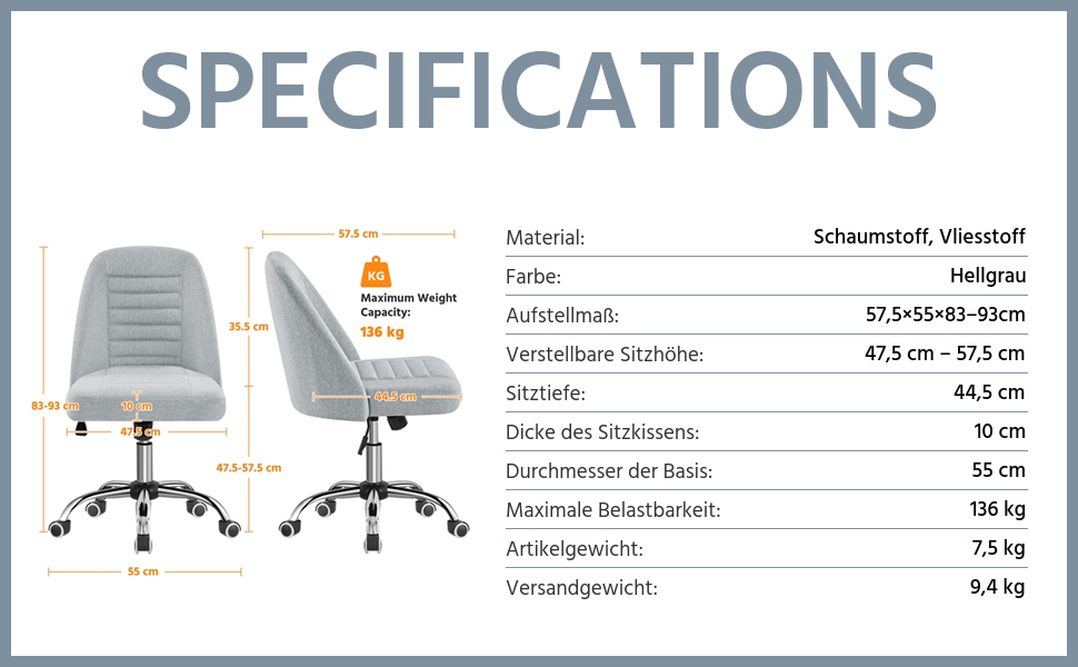 Офісне крісло Yaheetech без підлокітників, обертове з роликами, регульоване по висоті, для роботи та макіяжу (сірий, тканина)