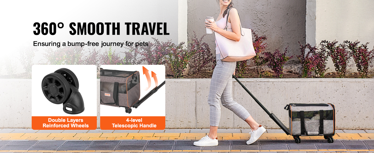 Тролей для собак VEVOR, розкладний рюкзак для собак до 15,8 кг, переноска для тварин з тканини 600D Oxford, 4 колеса, кишені для зберігання, ідеально для подорожей на авто та прогулянок (сірий, 10 кг)
