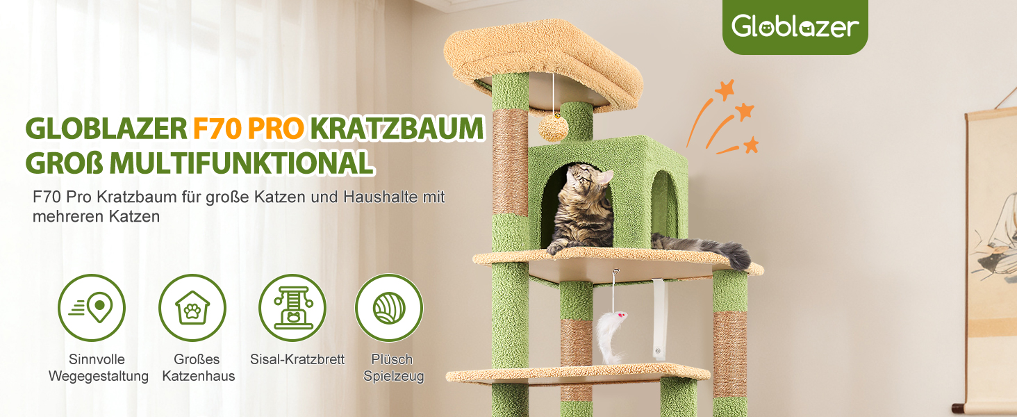 Драбина-кіготь Globlazer Kaktus (178 см) для котів: велика, з гамаком, будиночком, платформами, рампою з сизалю, стабільна для 2-4 котів (F70 Pro, зелена) XXL