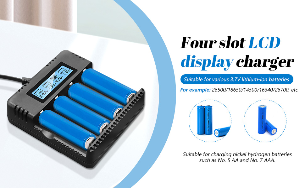 Зарядний пристрій для акумуляторів Li-Ion з LCD-дисплеєм: швидка зарядка 4 слоти, сумісний з 26650/18650/14500/16340