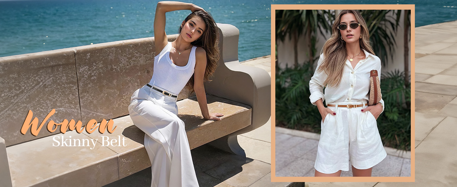 Жіночі шкіряні ремені WERFORU (2 шт.) - тонкі ремені для джинсів, штанів, суконь. Розмір 99-114 см. Золотисті та сріблясті пряжки. Чорний + коричневий кольори