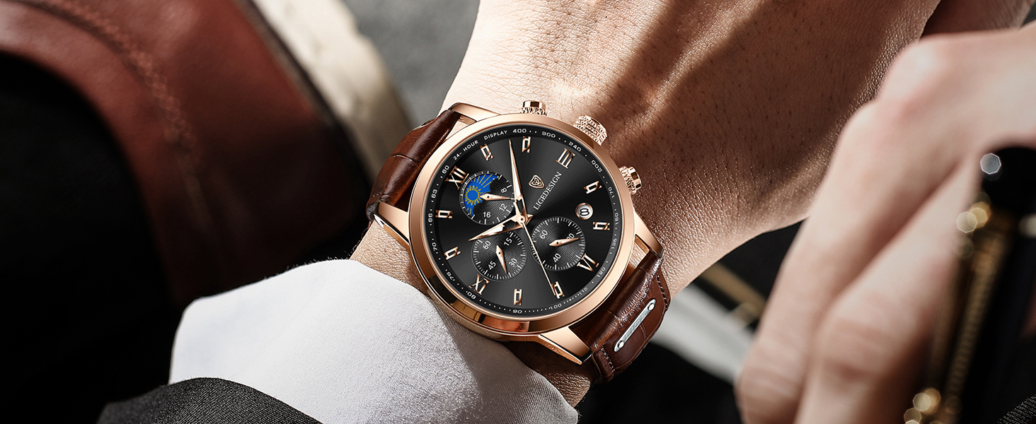 Годинник чоловічий LIGE, Хронограф, Аналоговий кварц, Ремінець зі шкіри, Календар, Світлодіодне підсвічування, Водостійкий 3ATM, Чоловічий годинник для бізнесу та відпочинку, Чорний