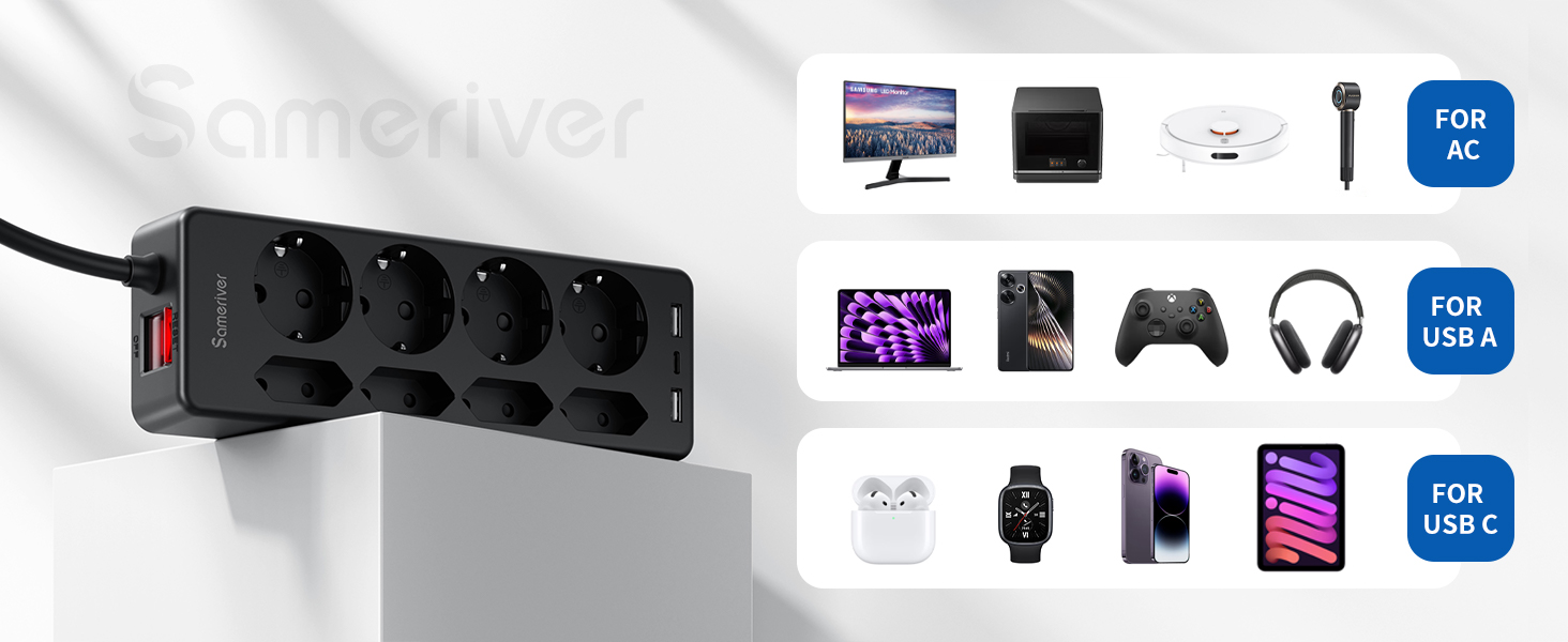 Мережевий фільтр Sameriver 8-фазний з захистом від перенапруги, 3 USB, вимикач, кабель 3M, чорний