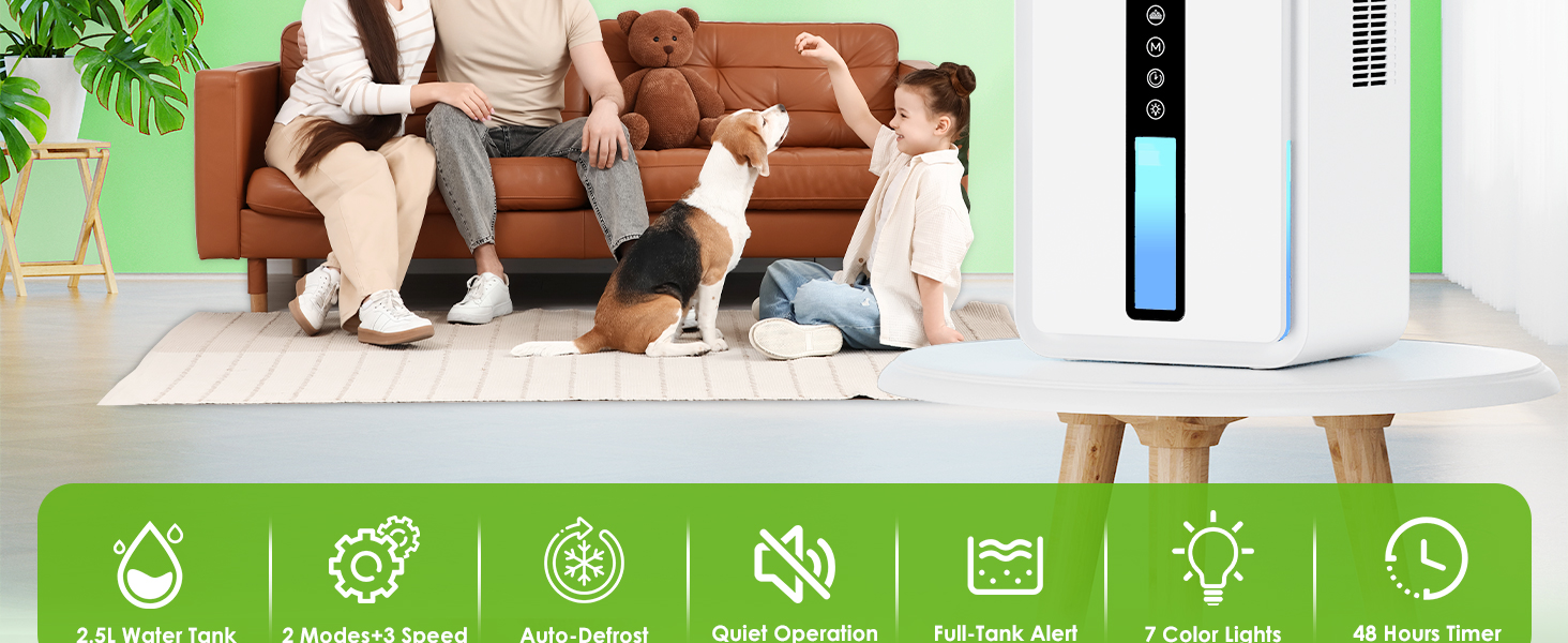 Електричний осушувач повітря 1.8L з антизаморожувальним захистом, 2 швидкості та 2 режими, таймер 48H, RGB підсвітка, для спальні, ванної кімнати та гуртожитку (2500 мл)