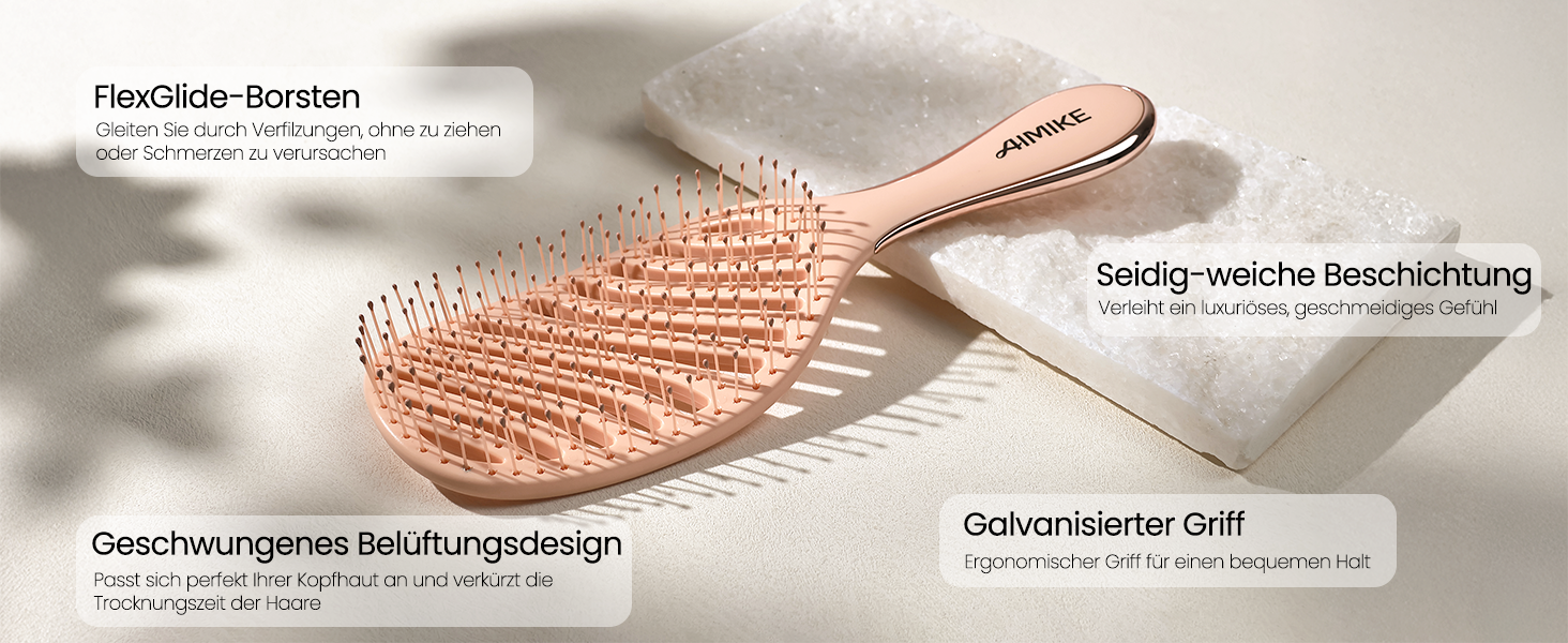 AIMIKE Рожева щітка для розплутування волосся Luxe Entwirrbürste - безболісна, з вентиляцією та ультрам'якими щетинками FlexGlide, для жінок, дівчаток та дітей