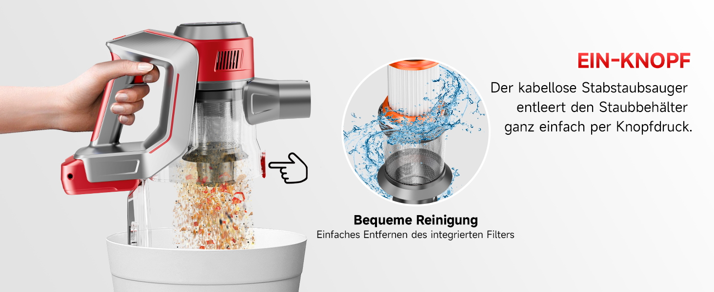 Бездротовий акумуляторний пилосос 45000 Па – 45 хв роботи, тихий (<65 дБ), LED-дисплей, 8-в-1 бездротовий пилосос з антизаплутаною насадкою та HEPA-фільтром – для шерсті тварин, килимів, твердих підлог та алергіків, червоний
