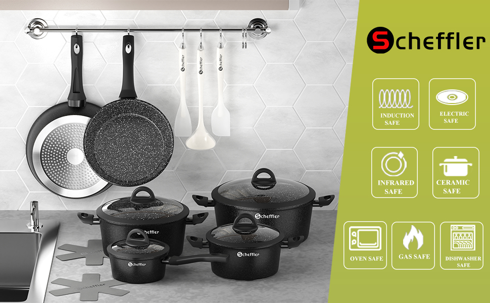 Набір каструль та сковорідок Scheffler 15tlg з антипригарним покриттям для індукційних плит, чорний (HL-21PS102)