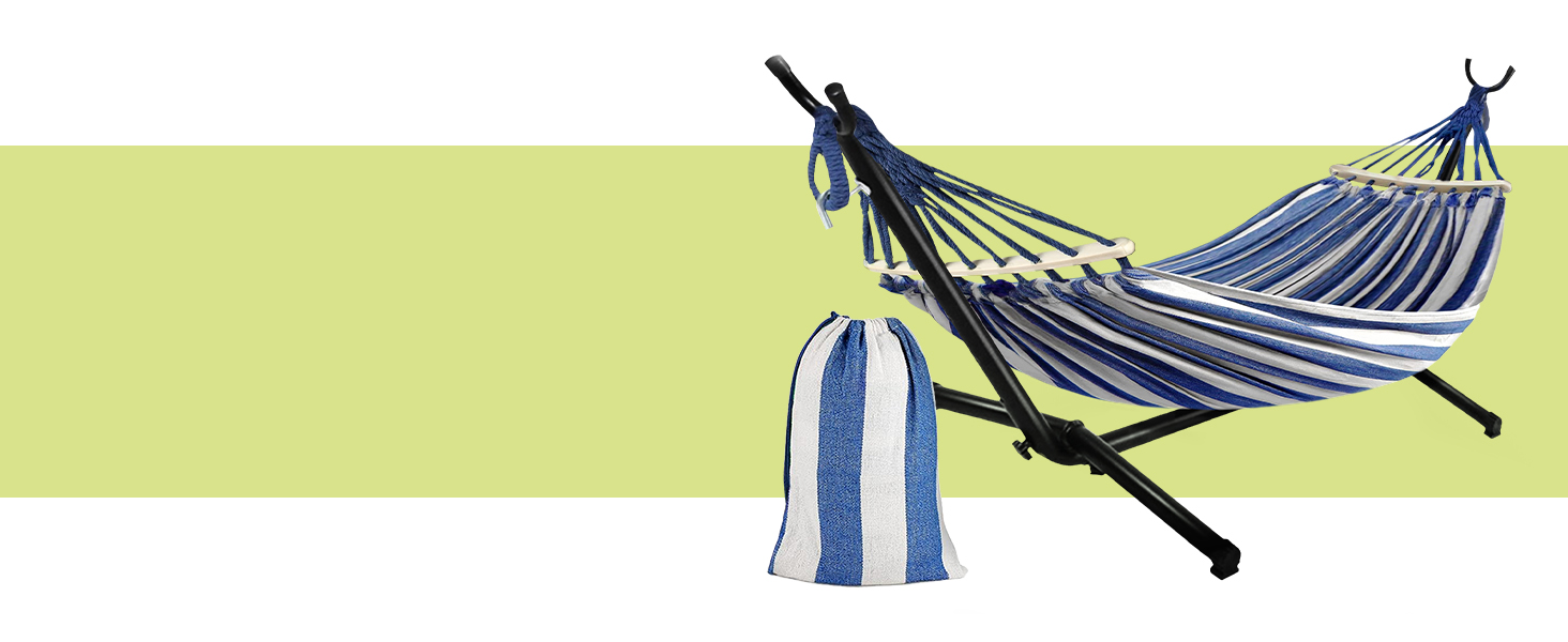 Гамак KRUMAD 260 см, до 250 кг, вуличний, бавовна-поліестер, з дерев'яними розпірками та сумкою (синьо-білий, з каркасом)