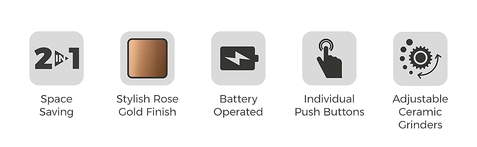 Електричні соляні та перечні млини Tower, рожевий та рожеве золото, з регульованими керамічними жорнами, працюють від батарейок, T847004PNK (Чорний)