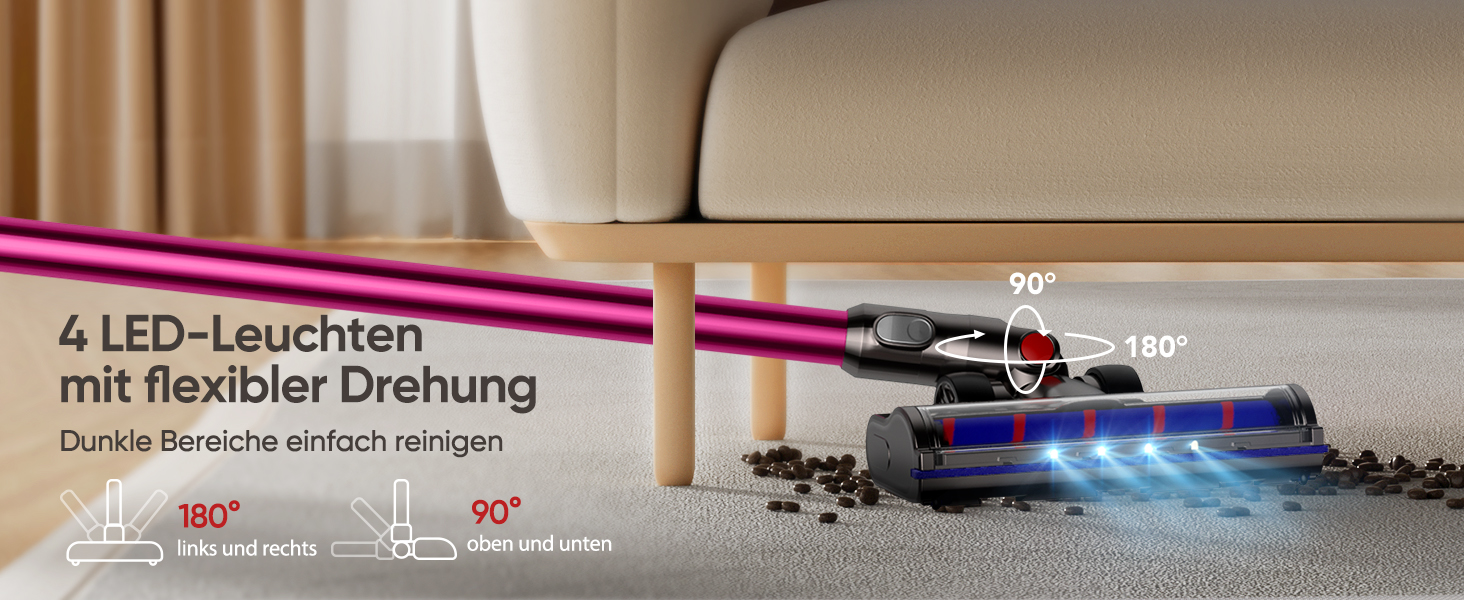 Насадка для пилососа Dyson V7 V8 V10 V11 V15 FLYLINKTECH з LED підсвіткою та 2 роликами (Червона)