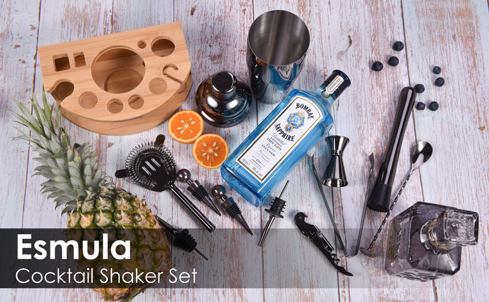 Набір шейкер для коктейлів Esmula 750 мл, 12 предметів, нержавіюча сталь, барменський набір, подарунок для чоловіків/жінок, стильний барний аксесуар з рецептами коктейлів (сірий)