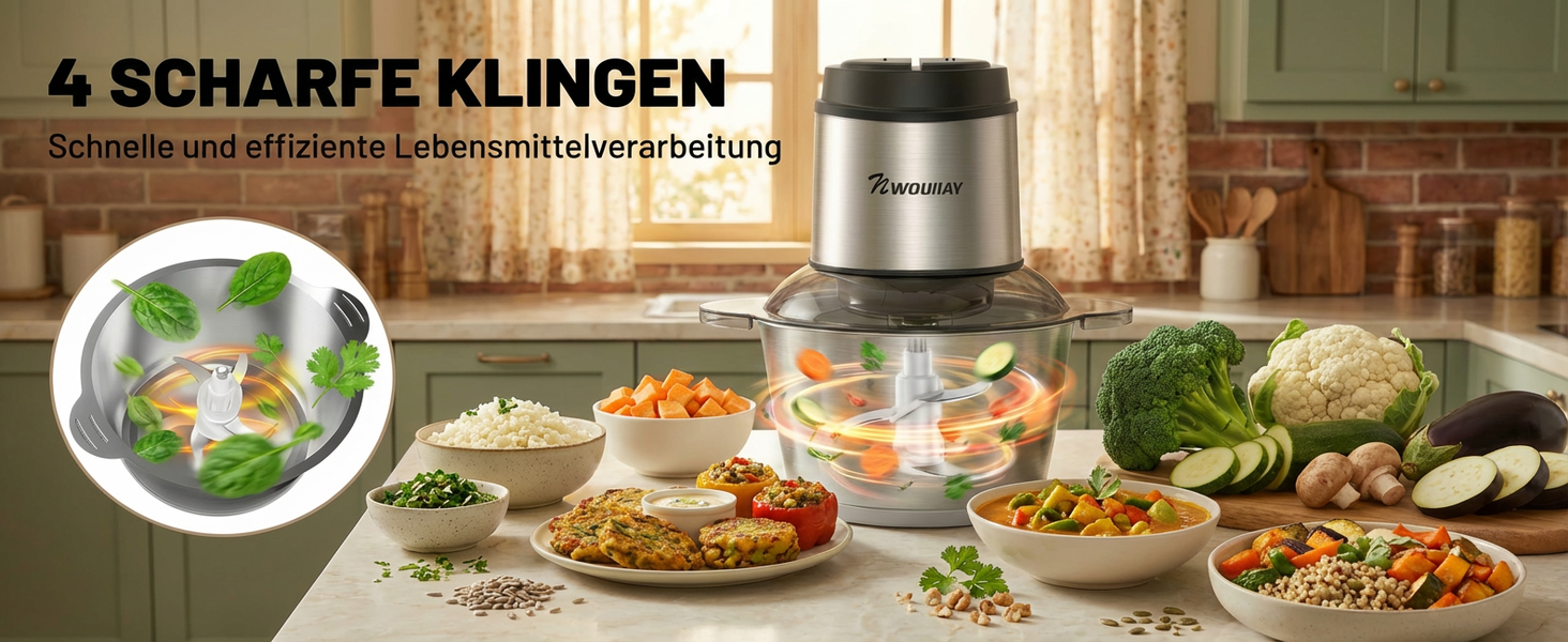 Електричний подрібнювач для кухні 2L з нержавіючої сталі. Подрібнювач для м'яса, овочів та цибулі з 4 лезами.
