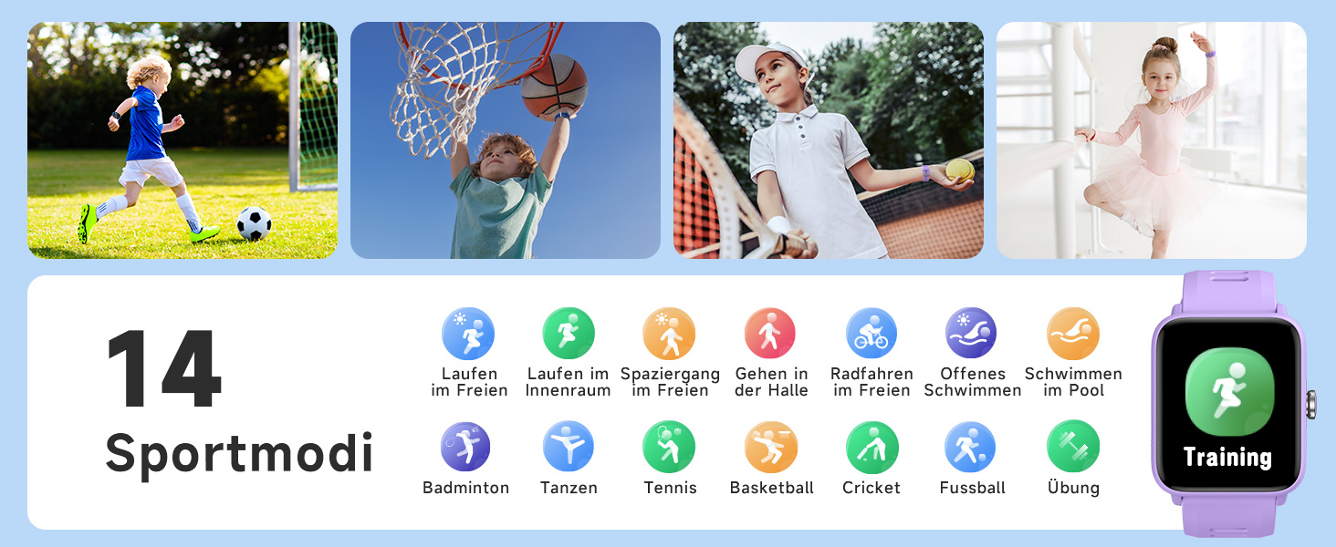 Смарт-годинник BIGGERFIVE для дітей, фітнес-трекер з пульсометром, крокомером, монітором сну, будильником та іграми, 1.5' HD-сенсорний екран, водонепроникність 5ATM, для дівчаток 3-14 років, колір: фіолетовий