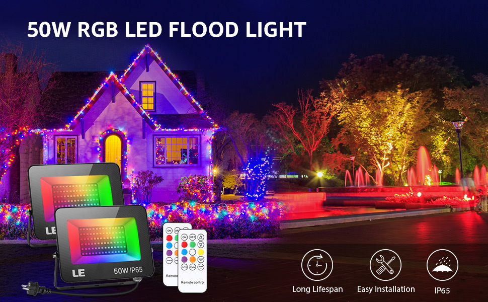 Світлодіодний прожектор Lepro 50W RGB із RF-пультом, 2 шт., водонепроникний LED-флудлайт з пам’яттю, димований, кольорова зміна, IP65, для саду, вечірки, готелю