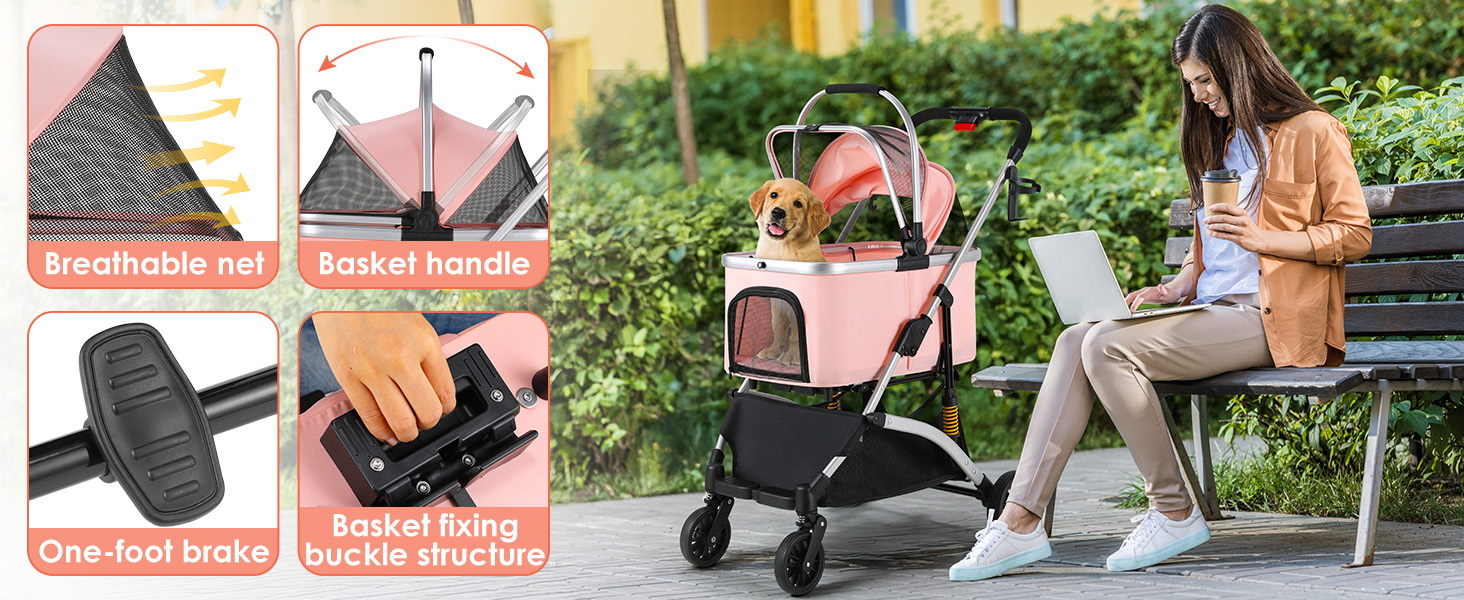 Візок для собак Mamizo 3-в-1: візок, переноска, сумка, до 20 кг, поворотні колеса, кошик, тримач для напоїв, для собак та котів (сріблястий, рожевий)