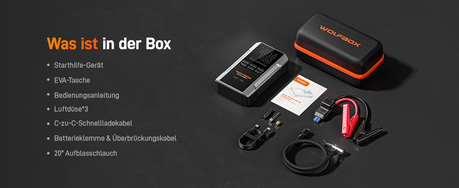 WOLFBOX 4000A: Портативний пусковий пристрій з компресором 160PSI, 12V, 65W, 88.8Wh для бензинових/дизельних двигунів, LED-ліхтар, кабелі для підключення