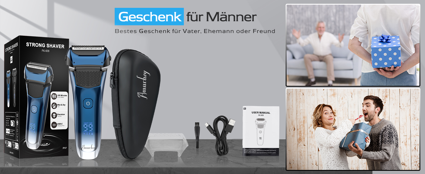 Електрична бритва чоловіча з 3 гнучкими лезами та тримером, синя. Бритва для вологого та сухого гоління, з кейсом для подорожей, акумуляторна, 120 хв роботи. Подарунок для чоловіків
