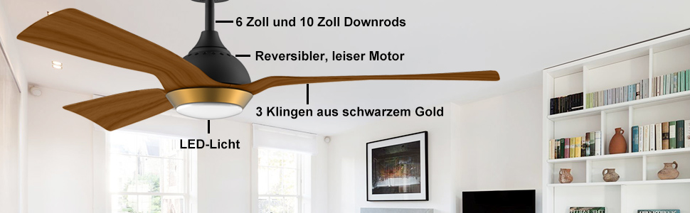 Стеляний вентилятор Reiga з LED-підсвічуванням та пультом керування, 132 см, білий, DC-двигун, тихий, 6 швидкостей, 3 колірні температури, для внутрішнього та зовнішнього використання (3 лопаті, чорний)