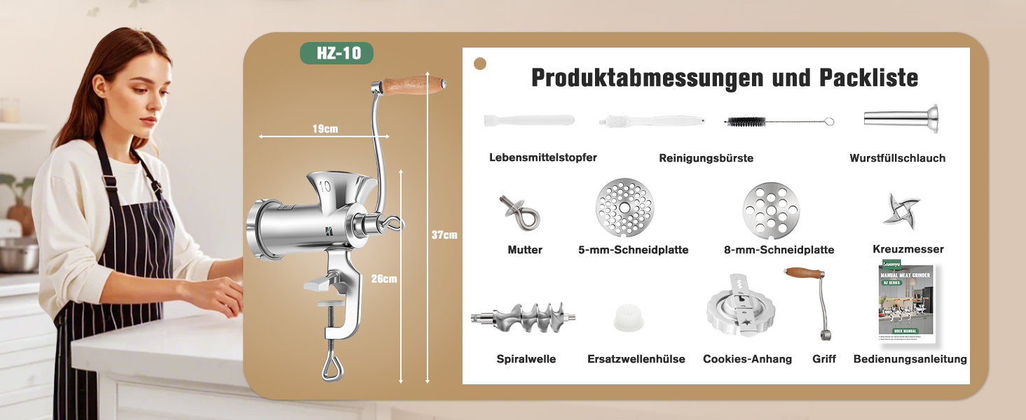 М'ясорубка ручна Huanyu з нержавіючої сталі, насадки для ковбас та печива, миється в посудомийній машині (№8, №10)