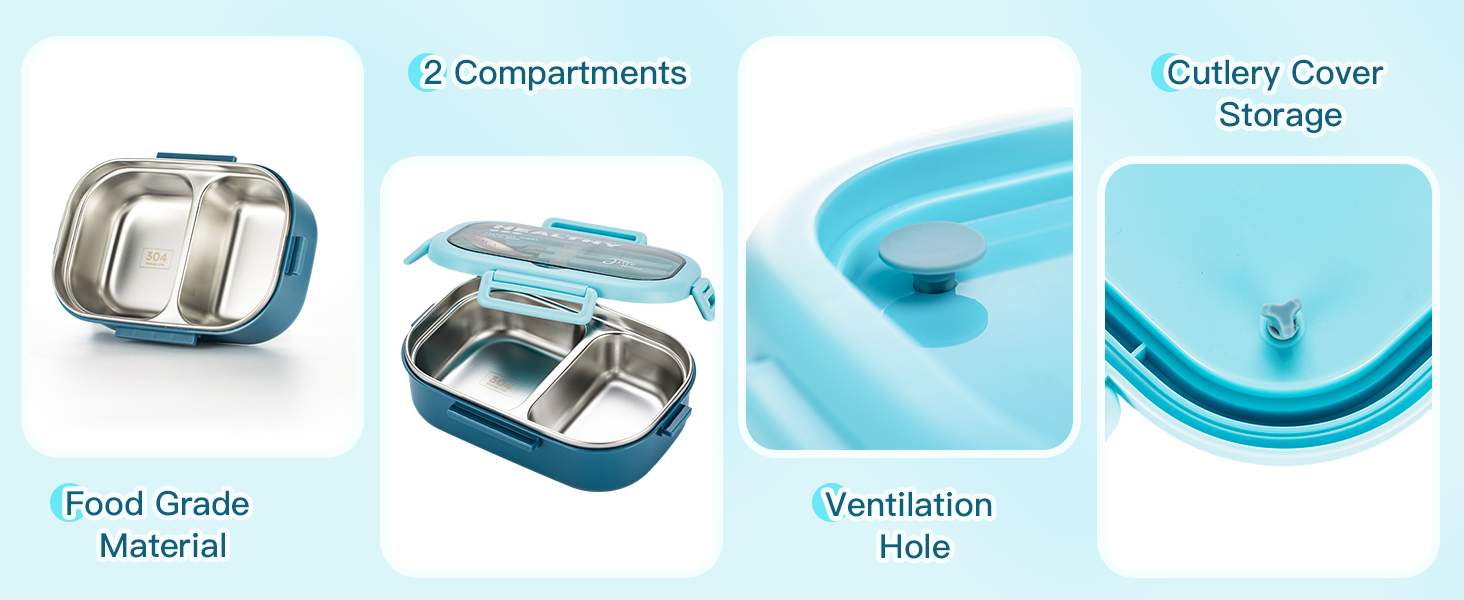 Ланчбокс Lille Home Bento з нержавіючої сталі, 850 мл, 2 відділення, витікання, з сумкою та столовими приборами, BPA-free (Світло-блакитний)
