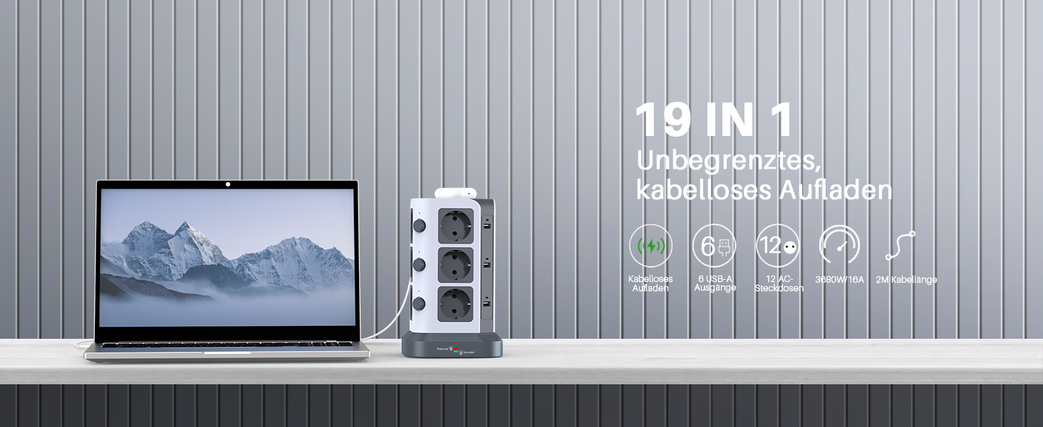Многорозетка Koosla з USB-C, 12 розеток, захист від перенапруги 1500 Дж, індивідуальне вмикання, 5 м кабель, сіра (бездротовий заряд 30 Вт)